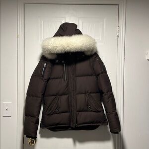 Moose Knuckles Brown Ski Jacket with White Fur Trim
